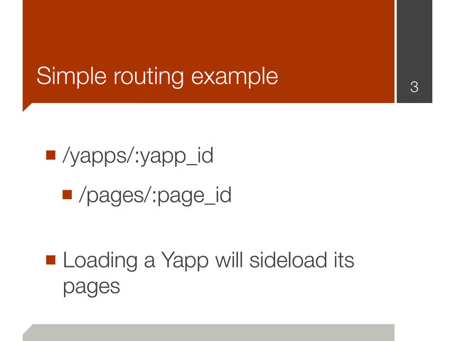 ■ /yapps/:yapp_id
■ /pages/:page_id
■ Loading a Yapp will sideload its
pages
3
Simple routing example
