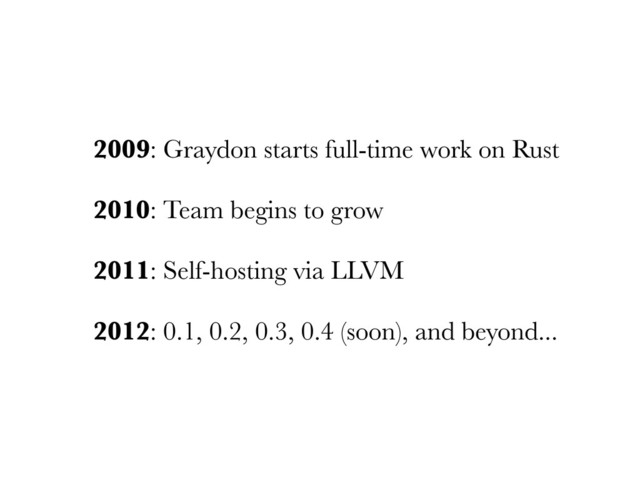 2009: Graydon starts full-time work on Rust
2010: Team begins to grow
2011: Self-hosting via LLVM
2012: 0.1, 0.2, 0.3, 0.4 (soon), and beyond...
