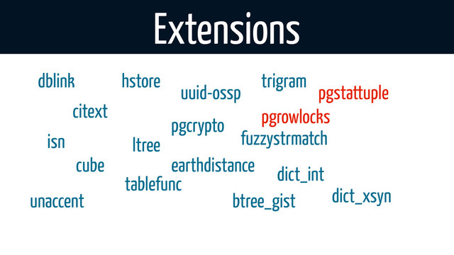 Extensions
dblink hstore
citext
ltree
isn
cube
pgcrypto
tablefunc
uuid-ossp
earthdistance
trigram
fuzzystrmatch
pgrowlocks
pgstattuple
btree_gist
dict_int
dict_xsyn
unaccent
