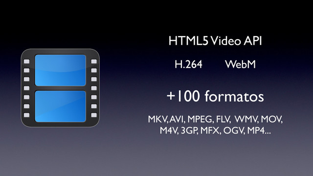 +100 formatos
HTML5 Video API
WebM
H.264
MKV, AVI, MPEG, FLV, WMV, MOV,
M4V, 3GP, MFX, OGV, MP4...
