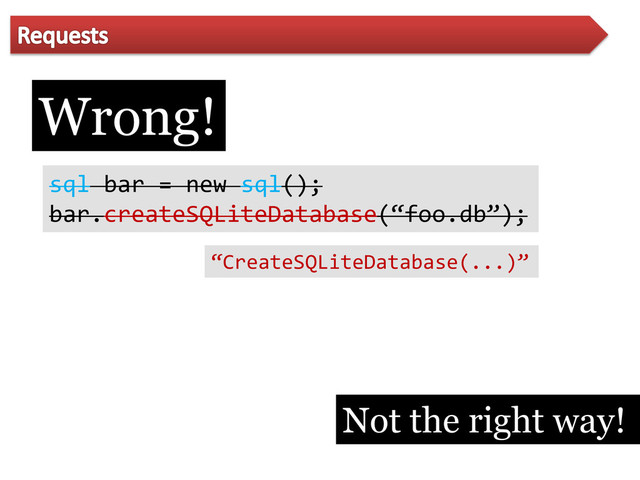 Wrong!
sql bar = new sql();
bar.createSQLiteDatabase(‚foo.db‛);
‚CreateSQLiteDatabase(...)‛
Not the right way!
