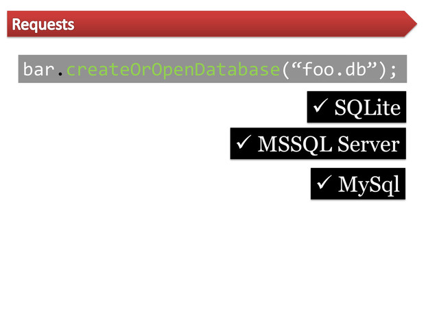 bar.createOrOpenDatabase(‚foo.db‛);
 SQLite
 MSSQL Server
 MySql
