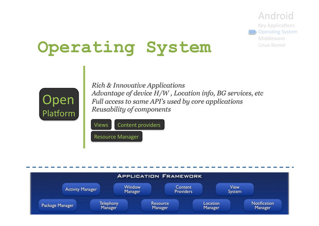 Android	  
Key	  Applica9ons	  
Opera9ng	  System	  
Middleware	  
Linux	  Kernel	  
Operating System
Open	  
Plaborm	  
Rich & Innovative Applications
Advantage of device H/W , Location info, BG services, etc
Full access to same API’s used by core applications
Reusability of components
Views	   Content	  providers	  
Resource	  Manager	  
