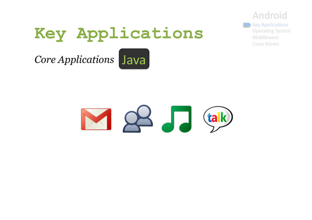 Android	  
Key	  Applica9ons	  
Opera9ng	  System	  
Middleware	  
Linux	  Kernel	  
Key Applications
Core Applications Java	  
