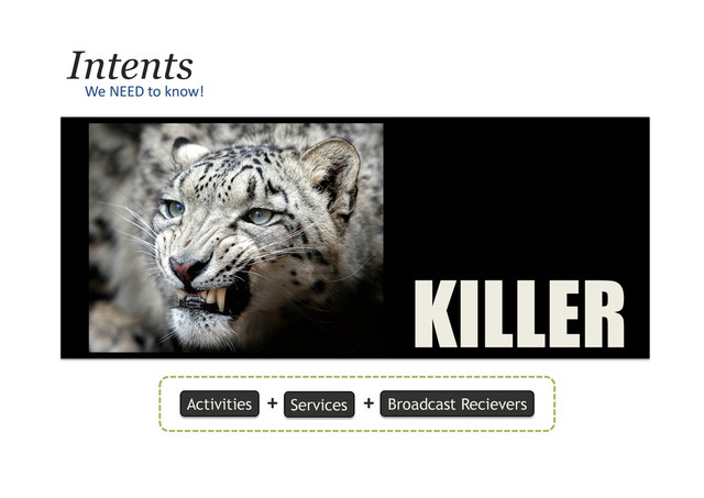 K	  
Intents
We	  NEED	  to	  know!	  
Activities Services Broadcast Recievers
+	   +	  
KILLER
