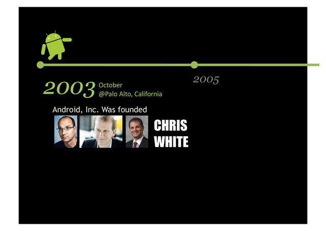 2003 2005
October	  	  
@Palo	  Alto,	  California	  
Android, Inc. Was founded
CHRIS
WHITE

