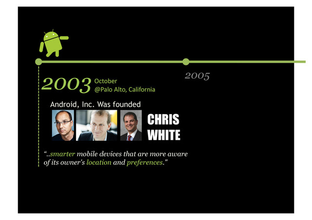 2003 2005
October	  	  
@Palo	  Alto,	  California	  
Android, Inc. Was founded
“..smarter mobile devices that are more aware
of its owner's location and preferences."
CHRIS
WHITE

