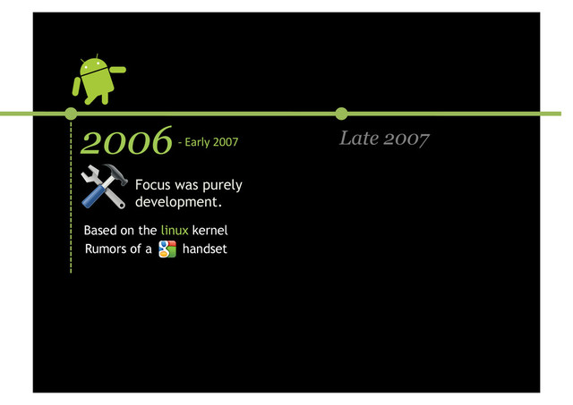 Late 2007
2006 -­‐	  Early	  2007	  
Focus was purely
development.
Based on the linux kernel
Rumors of a handset
