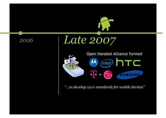 2006 Late 2007
Open Handset Alliance formed
“…to develop open standards for mobile devices”
