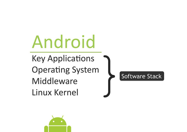 Android	  
Key	  Applica9ons	  
Opera9ng	  System	  
Middleware	  
Linux	  Kernel	  
} Software Stack
