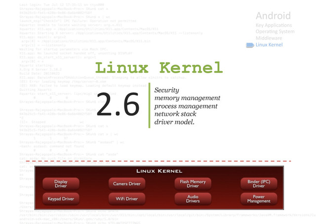 Linux Kernel
Security
memory management
process management
network stack
driver model.
2.6	  
Android	  
Key	  Applica9ons	  
Opera9ng	  System	  
Middleware	  
Linux	  Kernel	  
