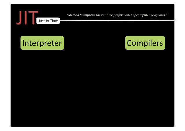 JIT	  
Just In Time
“Method to improve the runtime performance of computer programs.”
Interpreter	   Compilers	  
