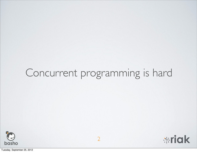 Concurrent programming is hard
2
Tuesday, September 25, 2012
