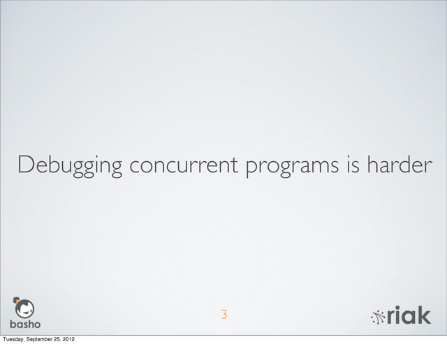 Debugging concurrent programs is harder
3
Tuesday, September 25, 2012
