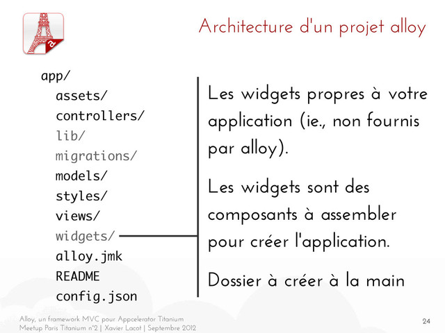 24
Alloy, un framework MVC pour Appcelerator Titanium
Meetup Paris Titanium n°2 | Xavier Lacot | Septembre 2012
Architecture d'un projet alloy
Les widgets propres à votre
application (ie., non fournis
par alloy).
Les widgets sont des
composants à assembler
pour créer l'application.
Dossier à créer à la main
app/
assets/
controllers/
lib/
migrations/
models/
styles/
views/
widgets/
alloy.jmk
README
config.json
