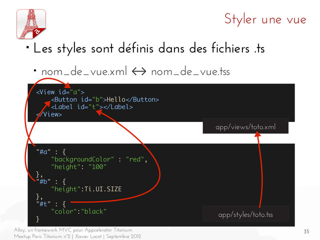 35
Alloy, un framework MVC pour Appcelerator Titanium
Meetup Paris Titanium n°2 | Xavier Lacot | Septembre 2012
Styler une vue
■ Les styles sont définis dans des fichiers .ts
■ nom_de_vue.xml ↔ nom_de_vue.tss

Hello


app/views/toto.xml
"#a" : {
"backgroundColor" : "red",
"height": "100"
},
"#b" : {
"height":Ti.UI.SIZE
},
"#t" : {
"color":"black"
}
app/styles/toto.tss
