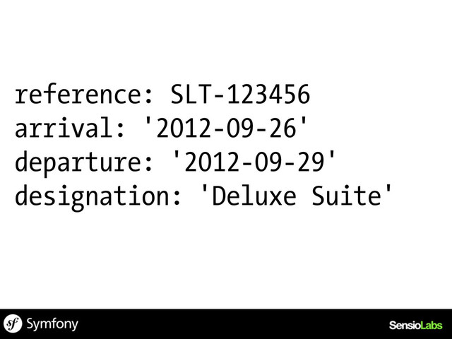 reference: SLT-123456
arrival: '2012-09-26'
departure: '2012-09-29'
designation: 'Deluxe Suite'
