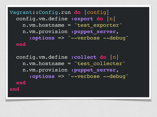 Vagrant::Config.run do |config|
config.vm.define :export do |n|
n.vm.hostname = "test_exporter"
n.vm.provision :puppet_server,
:options => "--verbose --debug"
end
config.vm.define :collect do |n|
n.vm.hostname = "test_collecter"
n.vm.provision :puppet_server,
:options => "--verbose --debug"
end
end
