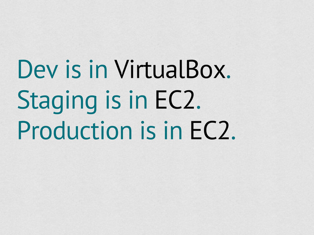 Dev is in VirtualBox.
Staging is in EC2.
Production is in EC2.
