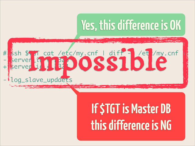 # ssh $TGT cat /etc/my.cnf | diff -u /etc/my.cnf -
- server_id = 2323
+ server_id = 2324
- log_slave_updaets
Yes, this difference is OK
If $TGT is Master DB
this difference is NG
Impossible
