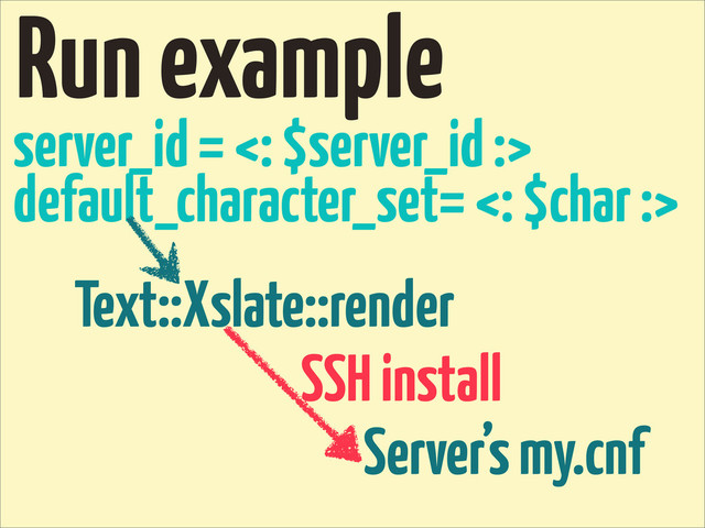 server_id = <: $server_id :>
default_character_set= <: $char :>
Server’s my.cnf
Text::Xslate::render
Run example
SSH install

