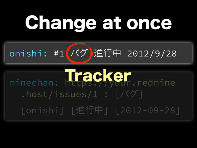 $IBOHFBUPODF
onishi: #1 όά ਐߦத 2012/9/28
minechan: https://your.redmine
.host/issues/1 : [όά]
[onishi] [ਐߦத] [2012-09-28]
5SBDLFS
