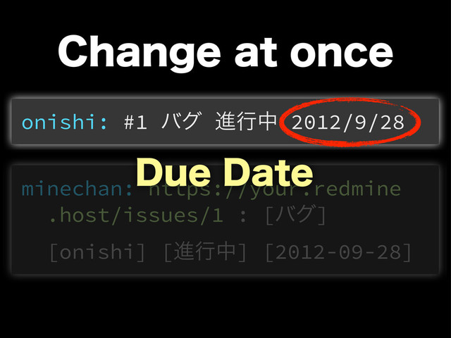$IBOHFBUPODF
onishi: #1 όά ਐߦத 2012/9/28
minechan: https://your.redmine
.host/issues/1 : [όά]
[onishi] [ਐߦத] [2012-09-28]
%VF%BUF

