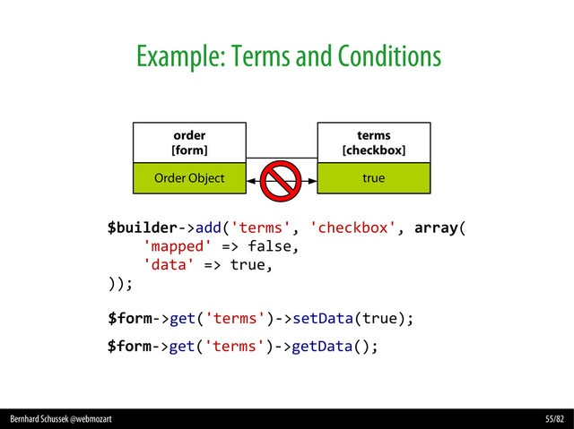 Bernhard Schussek @webmozart 55/82
Example: Terms and Conditions
$builder->add('terms', 'checkbox', array(
'mapped' => false,
));
order
[form]
Order Object
terms
[checkbox]
model data
$form->get('terms')->setData(true);
$form->get('terms')->getData();
$builder->add('terms', 'checkbox', array(
'mapped' => false,
'data' => true,
));
true
