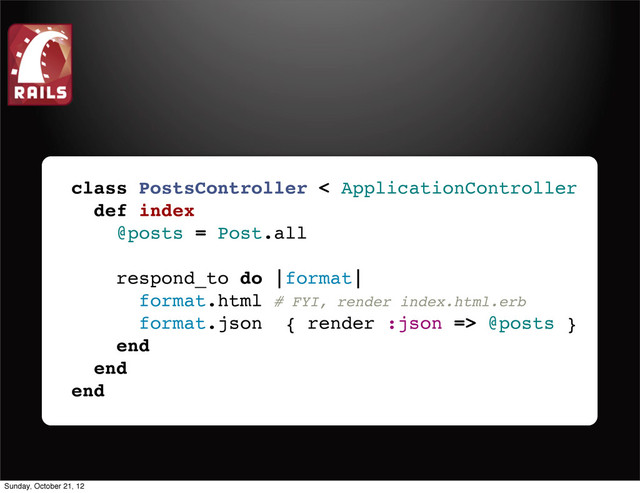 class PostsController < ApplicationController
def index
@posts = Post.all
respond_to do |format|
format.html # FYI, render index.html.erb
format.json { render :json => @posts }
end
end
end
Sunday, October 21, 12
