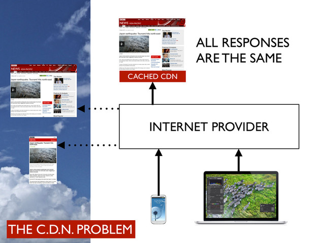 INTERNET PROVIDER
ALL RESPONSES
ARE THE SAME
CACHED CDN
THE C.D.N. PROBLEM
