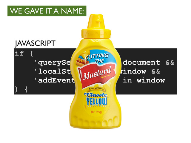 if (
) {
JAVASCRIPT
'querySelector' in document &&
'localStorage' in window &&
'addEventListener' in window
WE GAVE IT A NAME:
