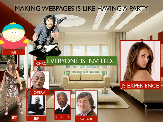 MAKING WEBPAGES IS LIKE HAVING A PARTY
JS EXPERIENCE
CHROME
IE9 SAFARI
OPERA
FIREFOX
IE7
IE8
EVERYONE IS INVITED...
