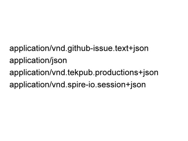 application/vnd.github-issue.text+json
application/json
application/vnd.tekpub.productions+json
application/vnd.spire-io.session+json
