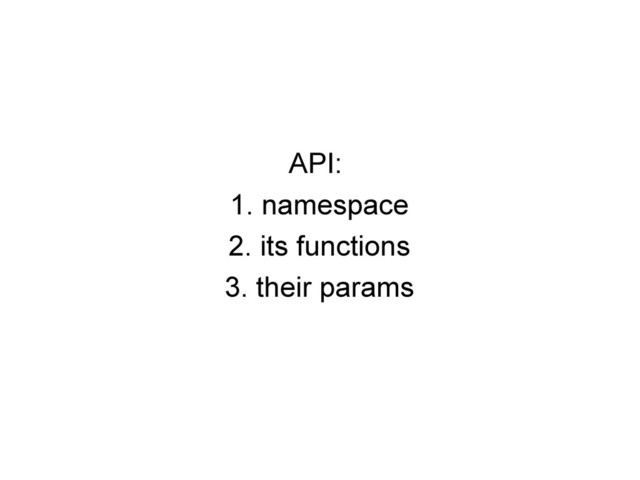 API:
1. namespace
2. its functions
3. their params
