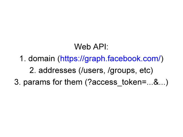 Web API:
1. domain (https://graph.facebook.com/)
2. addresses (/users, /groups, etc)
3. params for them (?access_token=...&...)
