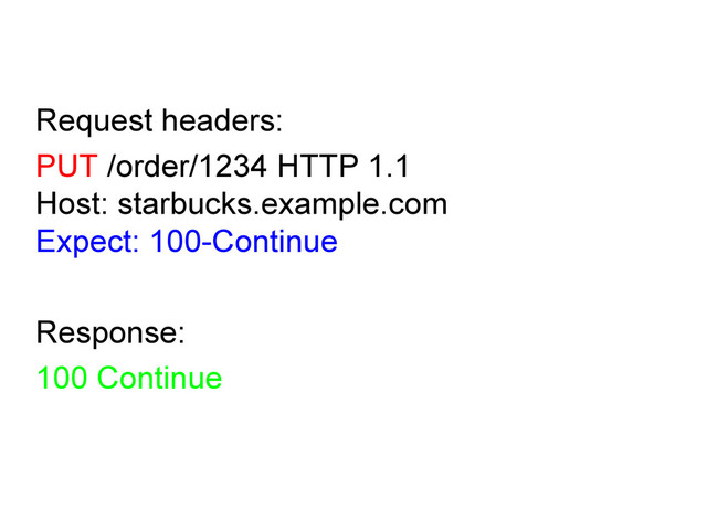 Request headers:
PUT /order/1234 HTTP 1.1
Host: starbucks.example.com
Expect: 100-Continue
Response:
100 Continue
