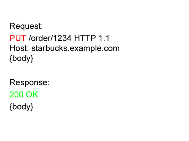 Request:
PUT /order/1234 HTTP 1.1
Host: starbucks.example.com
{body}
Response:
200 OK
{body}
