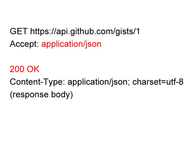 GET https://api.github.com/gists/1
Accept: application/json
200 OK
Content-Type: application/json; charset=utf-8
(response body)
