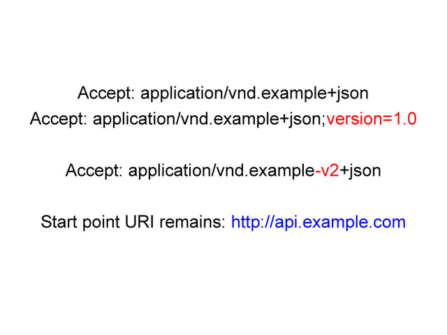 Accept: application/vnd.example+json
Accept: application/vnd.example+json;version=1.0
Accept: application/vnd.example-v2+json
Start point URI remains: http://api.example.com
