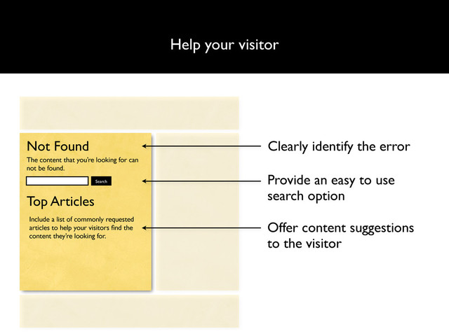 Help your visitor
Not Found
The content that you’re looking for can
not be found.
Search
Top Articles
Include a list of commonly requested
articles to help your visitors ﬁnd the
content they’re looking for.
Clearly identify the error
Provide an easy to use
search option
Offer content suggestions
to the visitor
