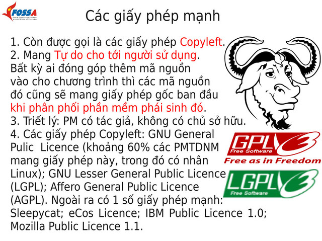 Các giấy phép mạnh
1. Còn được gọi là các giấy phép Copyleft.
2. Mang Tự do cho tới người sử dụng.
Bất kỳ ai đóng góp thêm mã nguồn
vào cho chương trình thì các mã nguồn
đó cũng sẽ mang giấy phép gốc ban đầu
khi phân phối phần mềm phái sinh đó.
3. Triết lý: PM có tác giả, không có chủ sở hữu.
4. Các giấy phép Copyleft: GNU General
Pulic Licence (khoảng 60% các PMTDNM
mang giấy phép này, trong đó có nhân
Linux); GNU Lesser General Public Licence
(LGPL); Affero General Public Licence
(AGPL). Ngoài ra có 1 số giấy phép mạnh:
Sleepycat; eCos Licence; IBM Public Licence 1.0;
Mozilla Public Licence 1.1.
