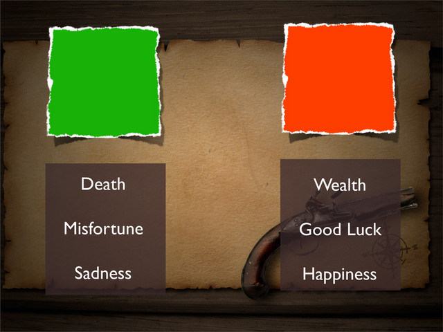 Death
Misfortune
Sadness
Wealth
Good Luck
Happiness
