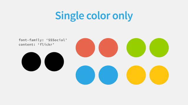 
Single color only
 
 
font-family: ‘SSSocial’
content: ‘flickr’
