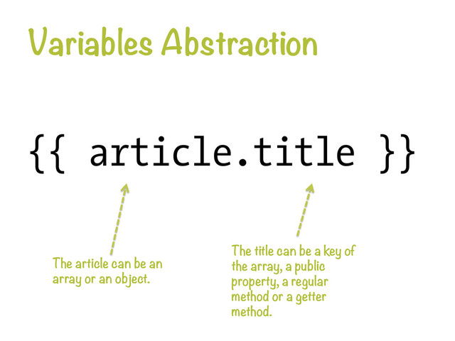 Variables Abstraction
{{ article.title }}
The article can be an
array or an object. 
The title can be a key of
the array, a public
property, a regular
method or a getter
method.
