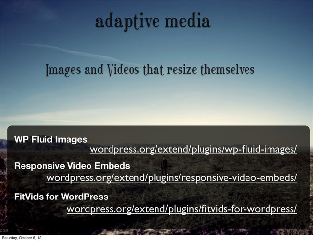 adaptive media
Images and Videos that resize themselves
wordpress.org/extend/plugins/wp-ﬂuid-images/
WP Fluid Images
Responsive Video Embeds
wordpress.org/extend/plugins/responsive-video-embeds/
FitVids for WordPress
wordpress.org/extend/plugins/ﬁtvids-for-wordpress/
Saturday, October 6, 12

