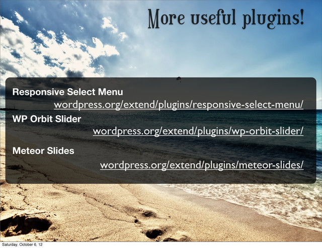 More useful plugins!
wordpress.org/extend/plugins/responsive-select-menu/
Responsive Select Menu
WP Orbit Slider
wordpress.org/extend/plugins/wp-orbit-slider/
Meteor Slides
wordpress.org/extend/plugins/meteor-slides/
Saturday, October 6, 12

