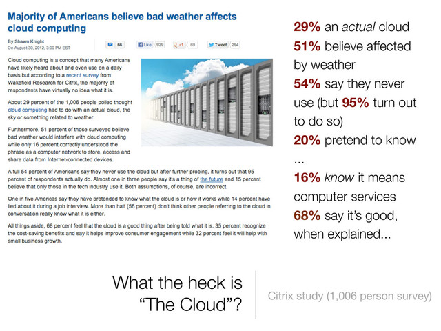 What the heck is
“The Cloud”? Citrix study (1,006 person survey)
29% an actual cloud
51% believe affected
by weather
54% say they never
use (but 95% turn out
to do so)
20% pretend to know
...
16% know it means
computer services
68% say it’s good,
when explained...
