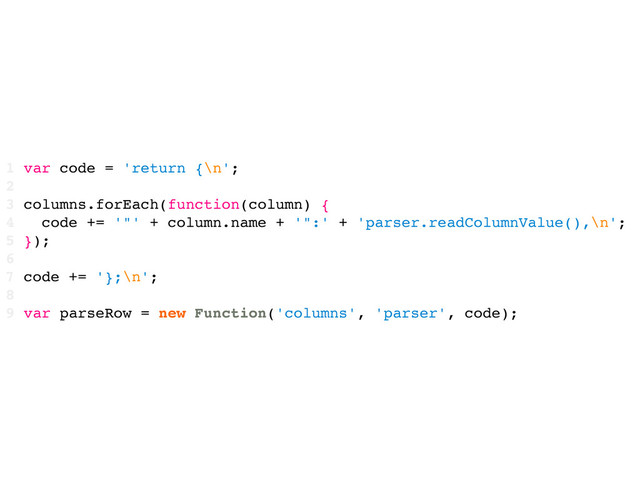 1 var code = 'return {\n';
2
3 columns.forEach(function(column) {
4 code += '"' + column.name + '":' + 'parser.readColumnValue(),\n';
5 });
6
7 code += '};\n';
8
9 var parseRow = new Function('columns', 'parser', code);
