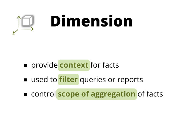 ■ provide context for facts
■ used to ﬁlter queries or reports
■ control scope of aggregation of facts
Dimension
