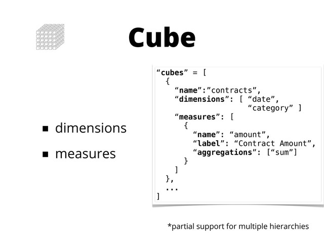 Cube
■ dimensions
■ measures
*partial support for multiple hierarchies
“cubes” = [
{
“name”:”contracts”,
“dimensions”: [ “date”,
“category” ]
“measures”: [
{
“name”: “amount”,
“label”: “Contract Amount”,
“aggregations”: [“sum”]
}
]
},
...
]
